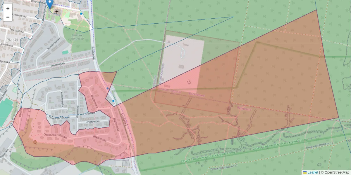 Szczegółowa mapa kodu pocztowego 85-553 z granicami, sąsiednimi kodami pocztowymi i urzędami pocztowymi