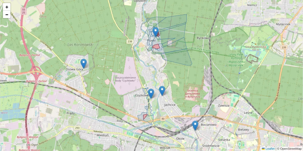 Szczegółowa mapa kodu pocztowego 85-568 z granicami, sąsiednimi kodami pocztowymi i urzędami pocztowymi