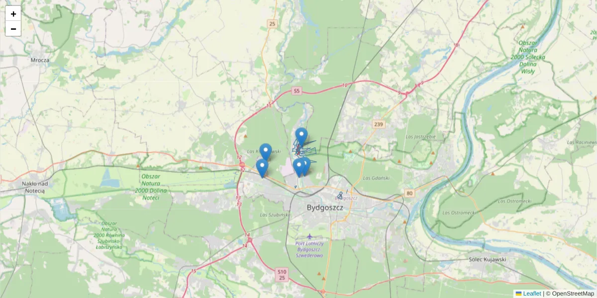 Szczegółowa mapa kodu pocztowego 85-569 z granicami, sąsiednimi kodami pocztowymi i urzędami pocztowymi