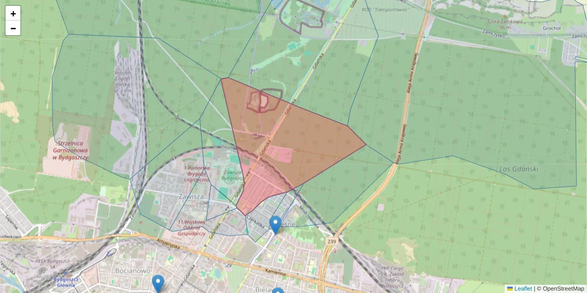 Szczegółowa mapa kodu pocztowego 85-630 z granicami, sąsiednimi kodami pocztowymi i urzędami pocztowymi