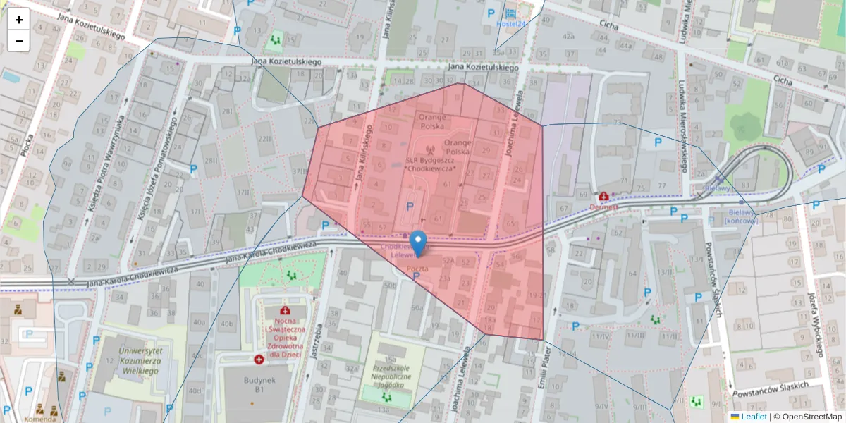 Szczegółowa mapa kodu pocztowego 85-652 z granicami, sąsiednimi kodami pocztowymi i urzędami pocztowymi