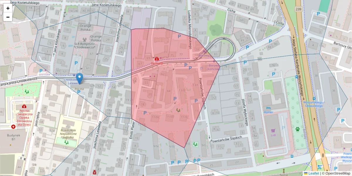 Szczegółowa mapa kodu pocztowego 85-667 z granicami, sąsiednimi kodami pocztowymi i urzędami pocztowymi