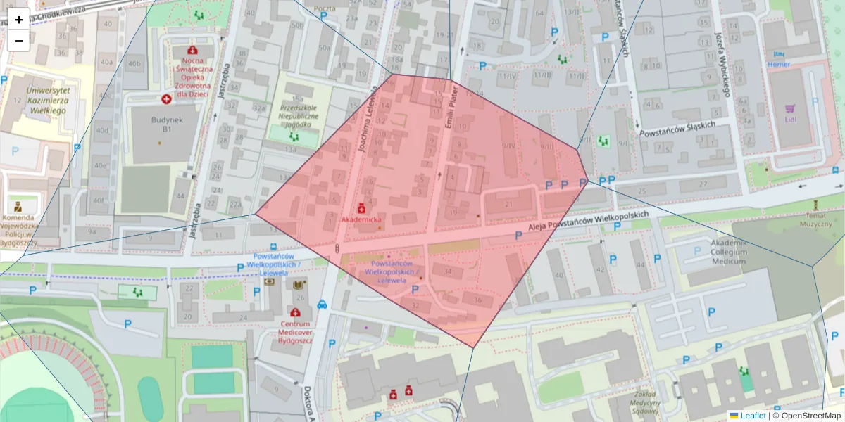 Szczegółowa mapa kodu pocztowego 85-669 z granicami, sąsiednimi kodami pocztowymi i urzędami pocztowymi