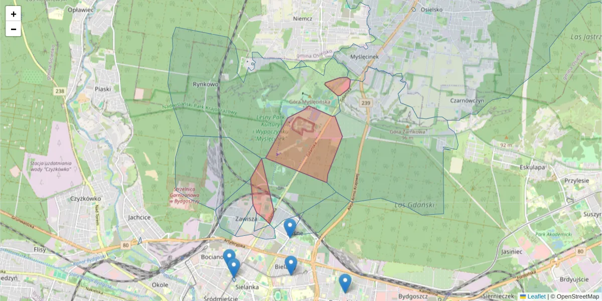 Szczegółowa mapa kodu pocztowego 85-674 z granicami, sąsiednimi kodami pocztowymi i urzędami pocztowymi