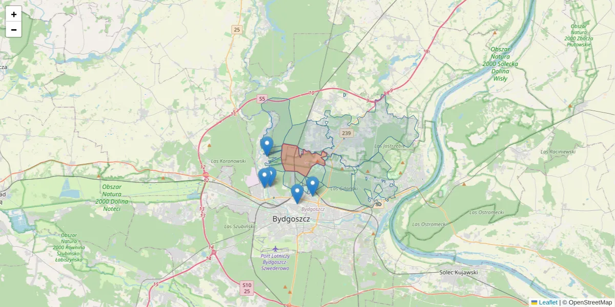 Szczegółowa mapa kodu pocztowego 85-687 z granicami, sąsiednimi kodami pocztowymi i urzędami pocztowymi