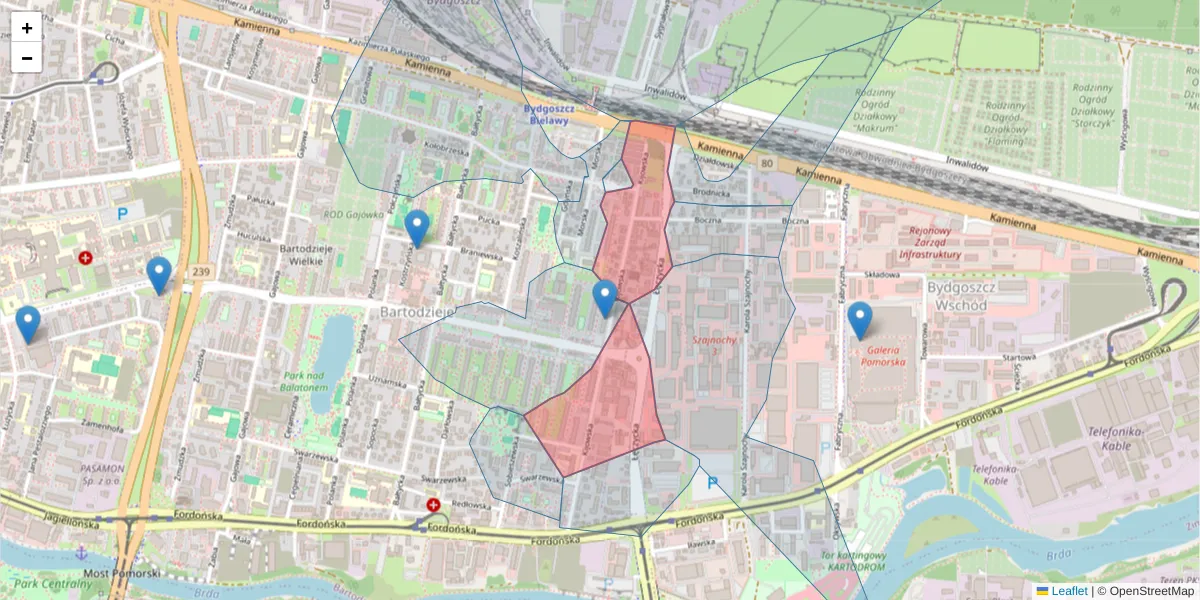 Szczegółowa mapa kodu pocztowego 85-703 z granicami, sąsiednimi kodami pocztowymi i urzędami pocztowymi