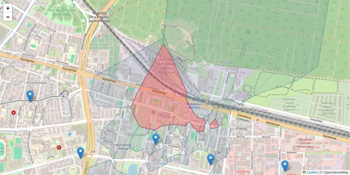 Szczegółowa mapa kodu pocztowego 85-704 z granicami, sąsiednimi kodami pocztowymi i urzędami pocztowymi