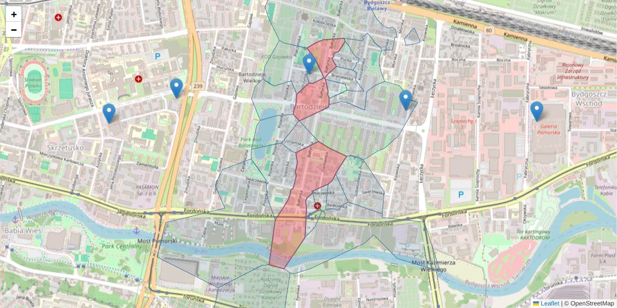 Szczegółowa mapa kodu pocztowego 85-707 z granicami, sąsiednimi kodami pocztowymi i urzędami pocztowymi