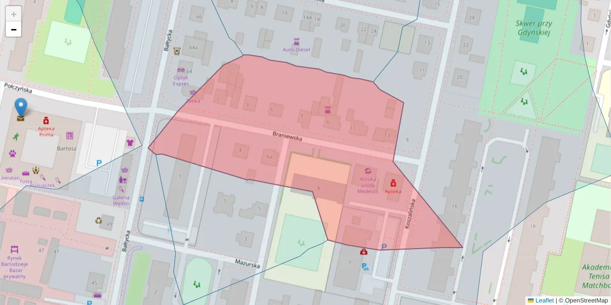 Szczegółowa mapa kodu pocztowego 85-708 z granicami, sąsiednimi kodami pocztowymi i urzędami pocztowymi