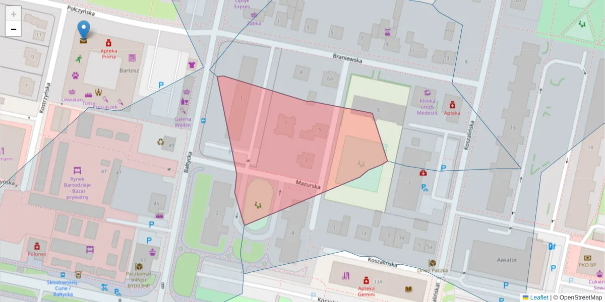 Szczegółowa mapa kodu pocztowego 85-710 z granicami, sąsiednimi kodami pocztowymi i urzędami pocztowymi