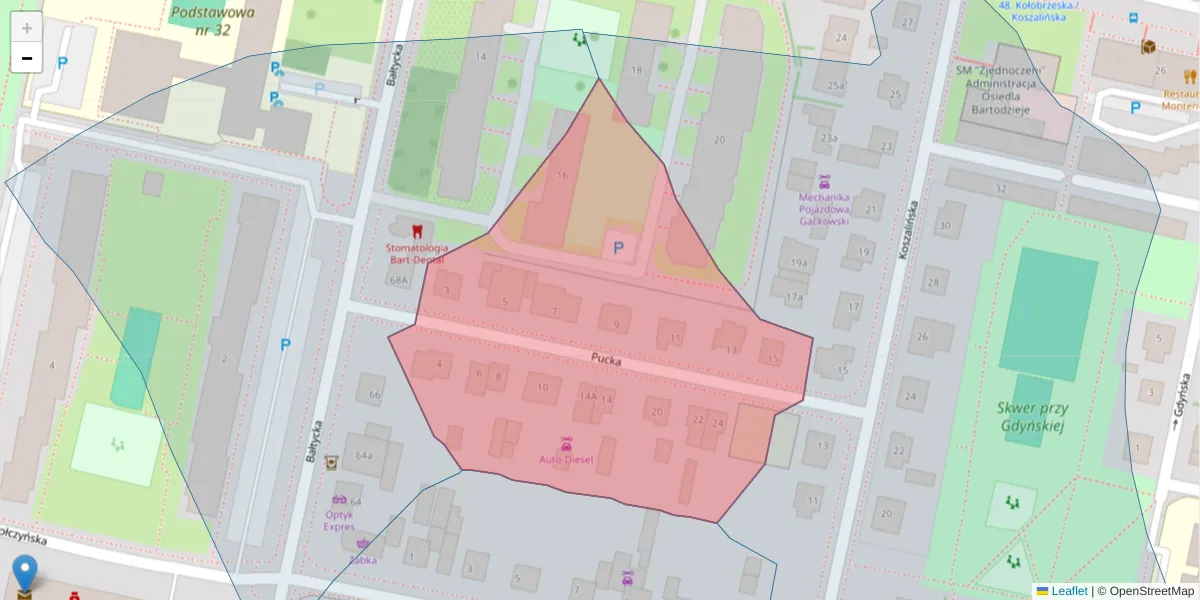 Szczegółowa mapa kodu pocztowego 85-712 z granicami, sąsiednimi kodami pocztowymi i urzędami pocztowymi