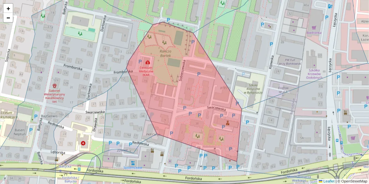 Szczegółowa mapa kodu pocztowego 85-713 z granicami, sąsiednimi kodami pocztowymi i urzędami pocztowymi