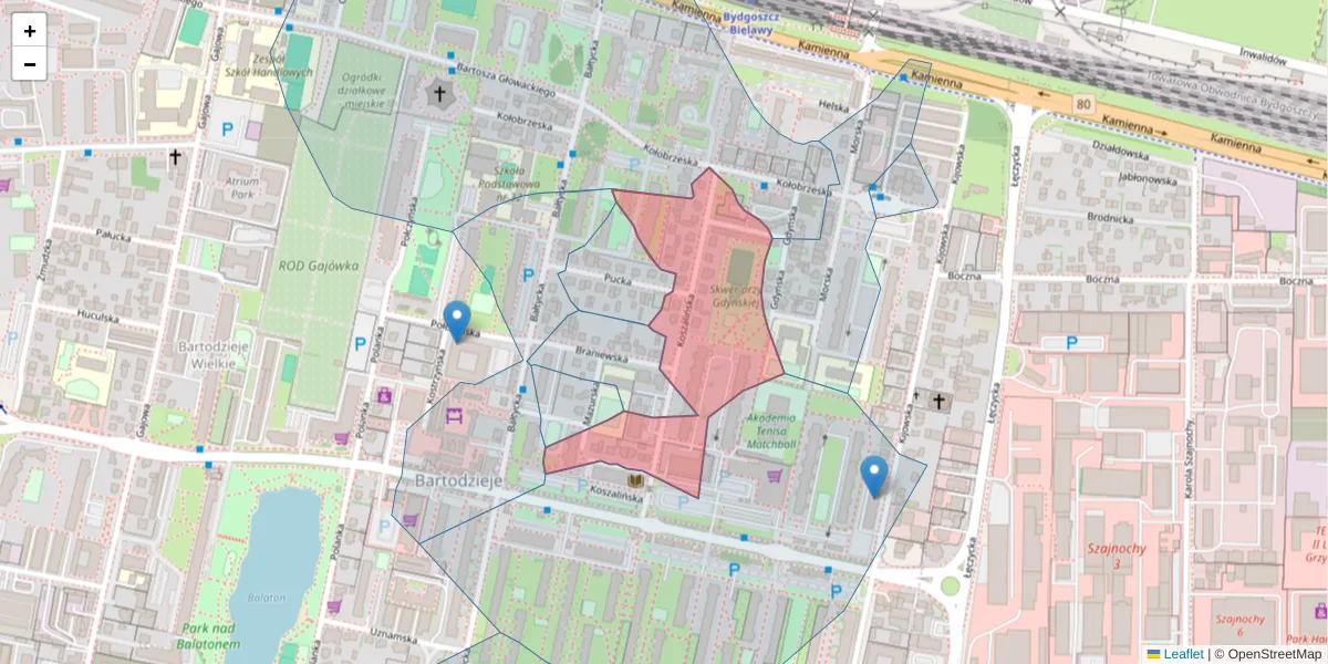 Szczegółowa mapa kodu pocztowego 85-714 z granicami, sąsiednimi kodami pocztowymi i urzędami pocztowymi