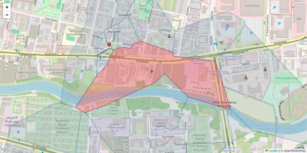 Szczegółowa mapa kodu pocztowego 85-719 z granicami, sąsiednimi kodami pocztowymi i urzędami pocztowymi