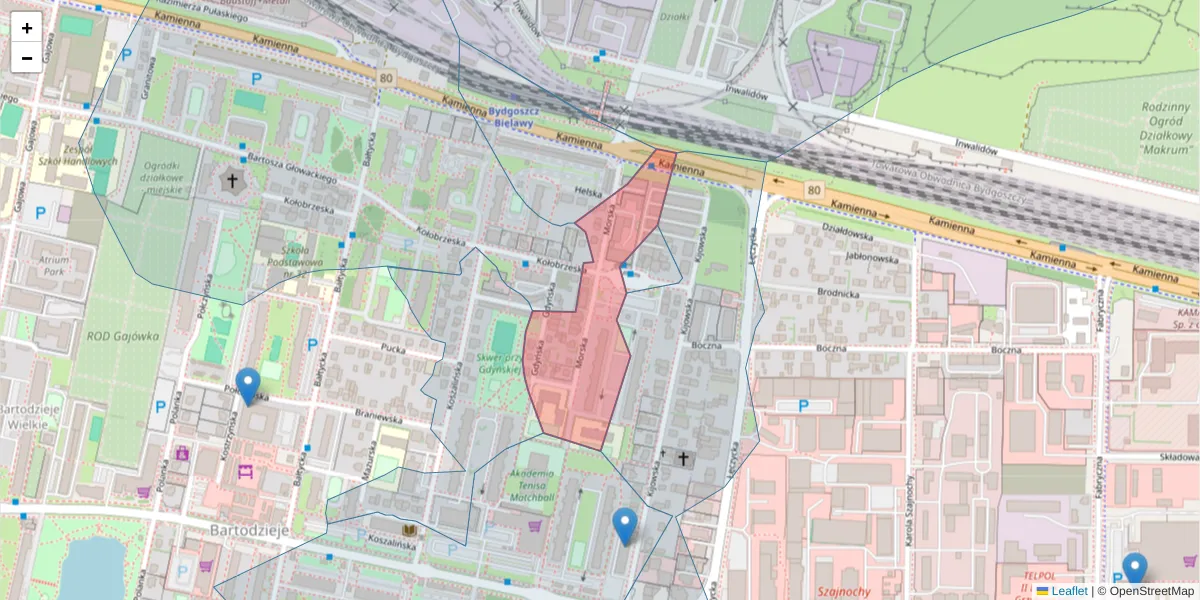 Szczegółowa mapa kodu pocztowego 85-722 z granicami, sąsiednimi kodami pocztowymi i urzędami pocztowymi