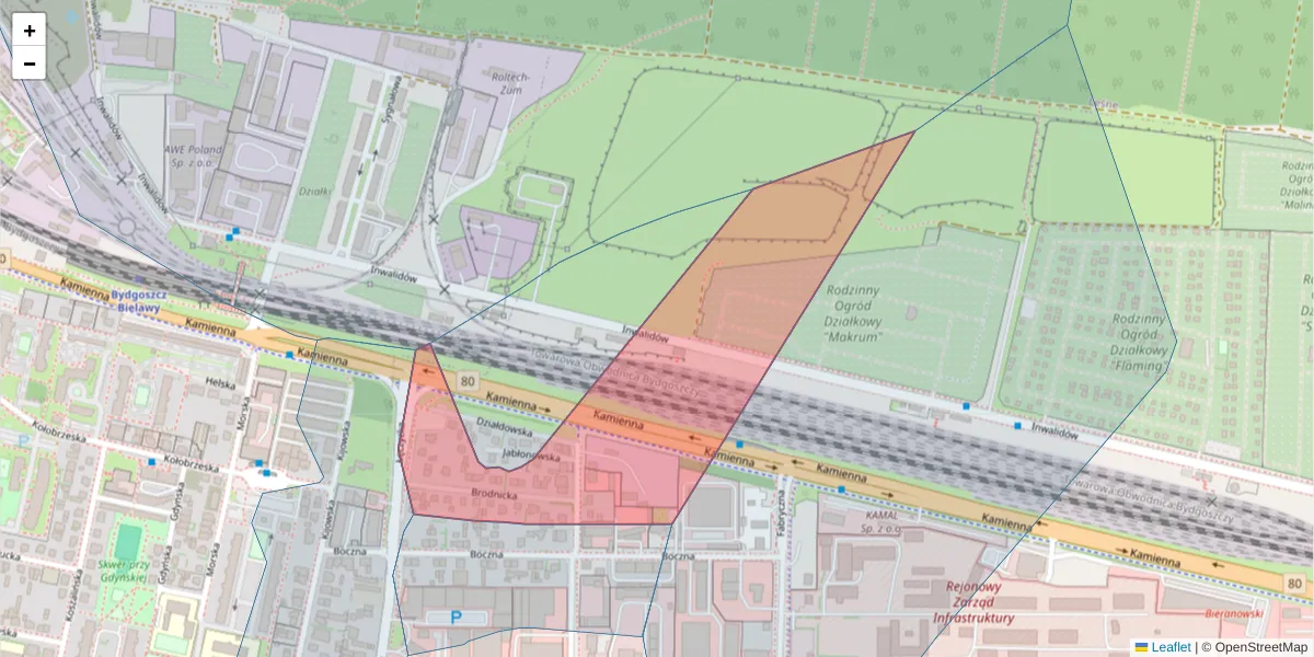 Szczegółowa mapa kodu pocztowego 85-735 z granicami, sąsiednimi kodami pocztowymi i urzędami pocztowymi