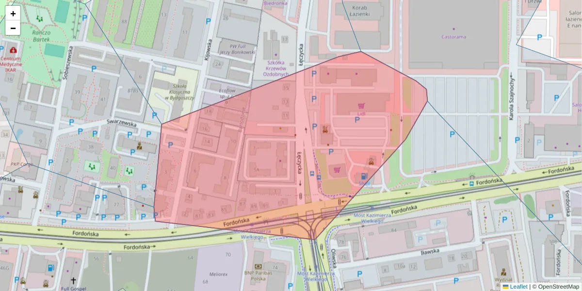 Szczegółowa mapa kodu pocztowego 85-737 z granicami, sąsiednimi kodami pocztowymi i urzędami pocztowymi