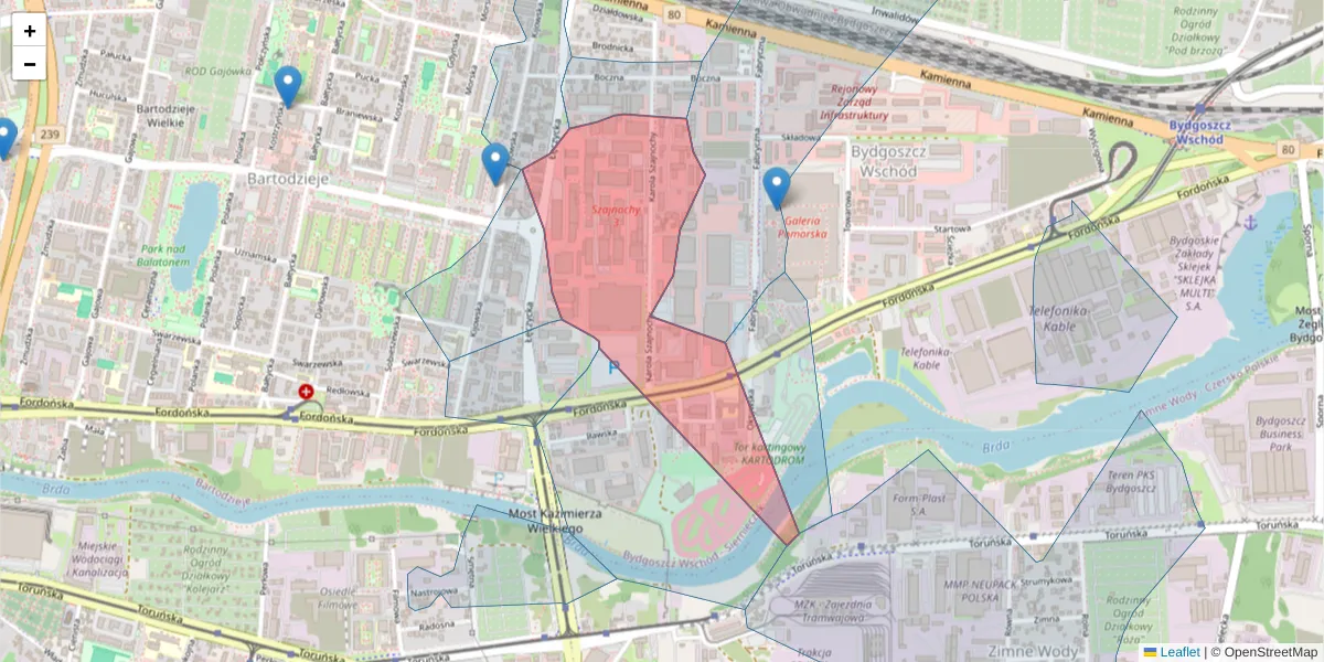 Szczegółowa mapa kodu pocztowego 85-738 z granicami, sąsiednimi kodami pocztowymi i urzędami pocztowymi