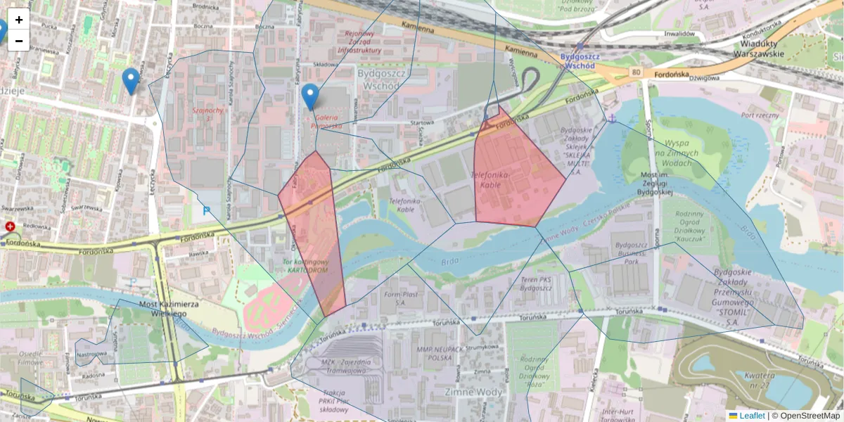 Szczegółowa mapa kodu pocztowego 85-739 z granicami, sąsiednimi kodami pocztowymi i urzędami pocztowymi