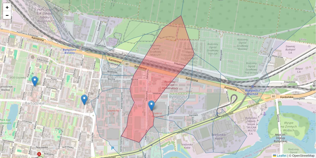 Szczegółowa mapa kodu pocztowego 85-741 z granicami, sąsiednimi kodami pocztowymi i urzędami pocztowymi