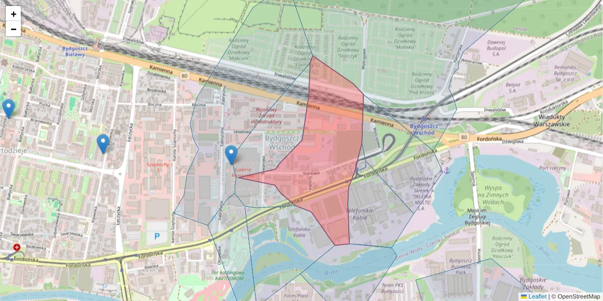 Szczegółowa mapa kodu pocztowego 85-744 z granicami, sąsiednimi kodami pocztowymi i urzędami pocztowymi