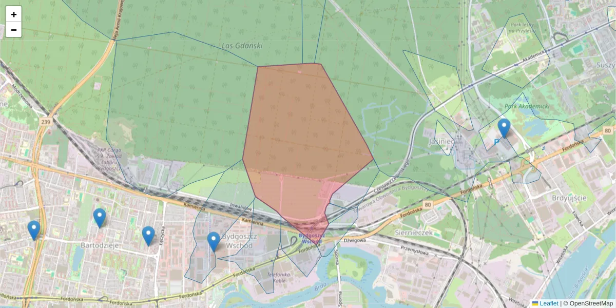 Szczegółowa mapa kodu pocztowego 85-748 z granicami, sąsiednimi kodami pocztowymi i urzędami pocztowymi
