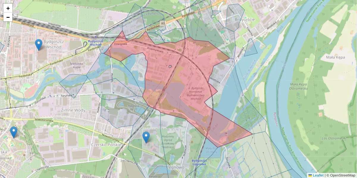 Szczegółowa mapa kodu pocztowego 85-758 z granicami, sąsiednimi kodami pocztowymi i urzędami pocztowymi