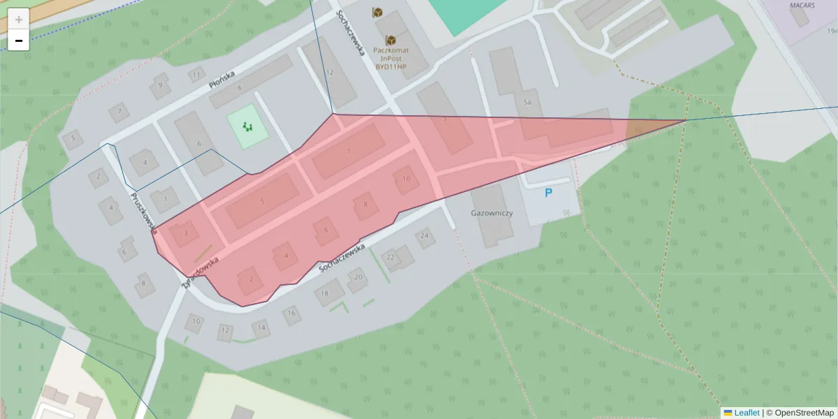 Szczegółowa mapa kodu pocztowego 85-780 z granicami, sąsiednimi kodami pocztowymi i urzędami pocztowymi