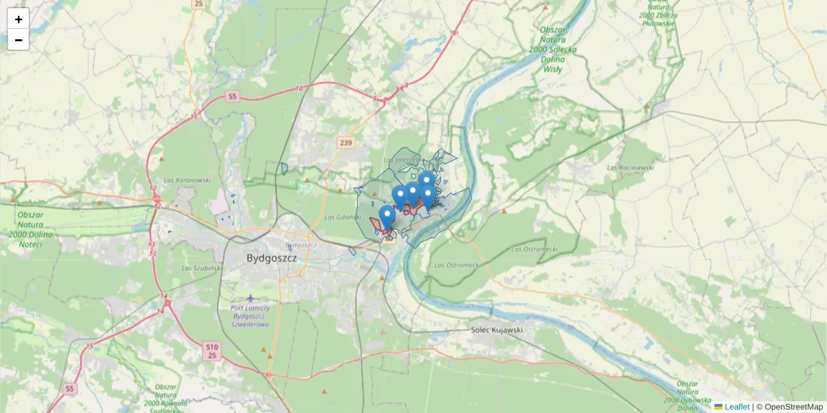Szczegółowa mapa kodu pocztowego 85-791 z granicami, sąsiednimi kodami pocztowymi i urzędami pocztowymi