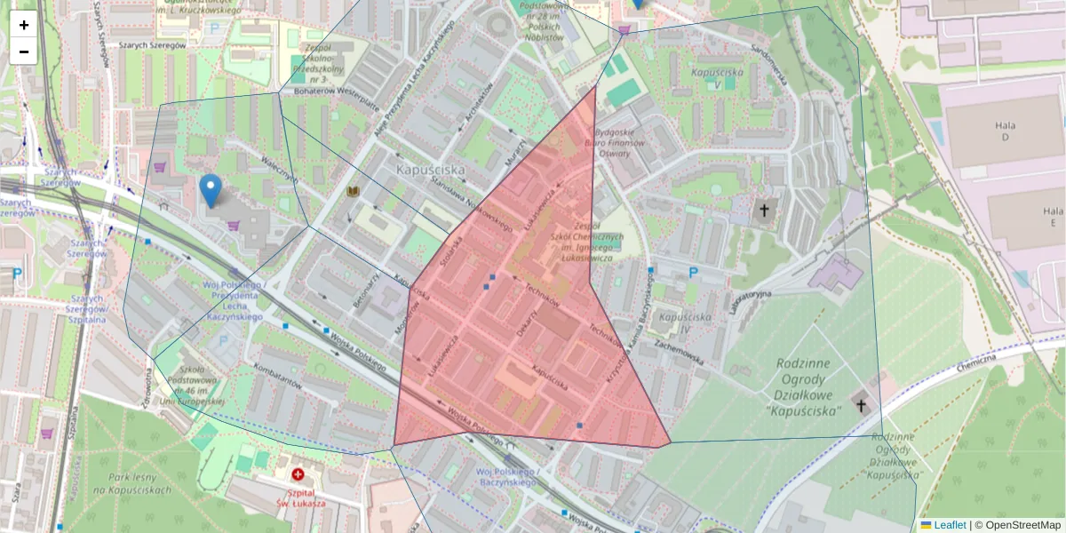 Szczegółowa mapa kodu pocztowego 85-801 z granicami, sąsiednimi kodami pocztowymi i urzędami pocztowymi