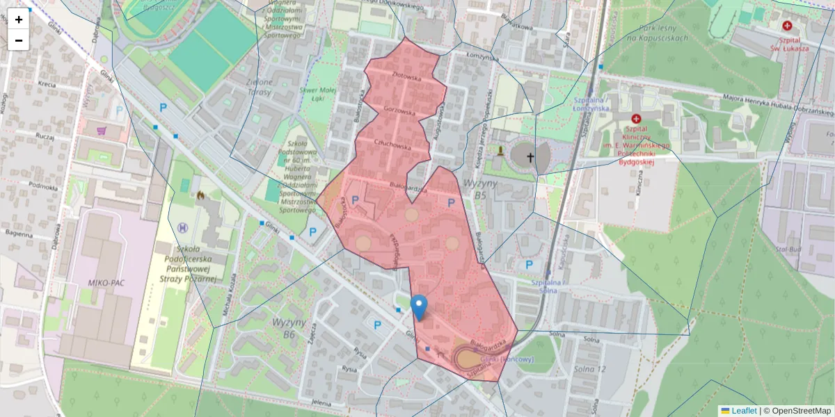 Szczegółowa mapa kodu pocztowego 85-808 z granicami, sąsiednimi kodami pocztowymi i urzędami pocztowymi