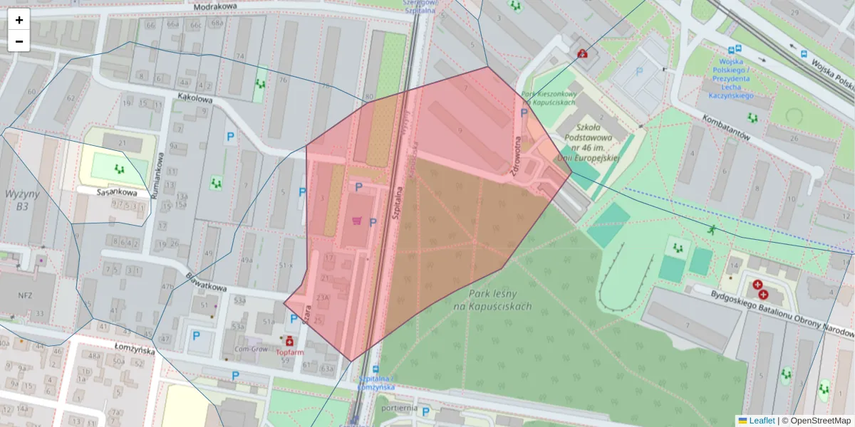 Szczegółowa mapa kodu pocztowego 85-823 z granicami, sąsiednimi kodami pocztowymi i urzędami pocztowymi