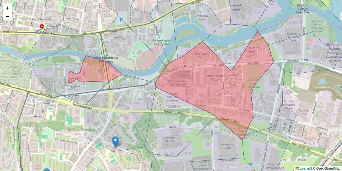 Szczegółowa mapa kodu pocztowego 85-830 z granicami, sąsiednimi kodami pocztowymi i urzędami pocztowymi