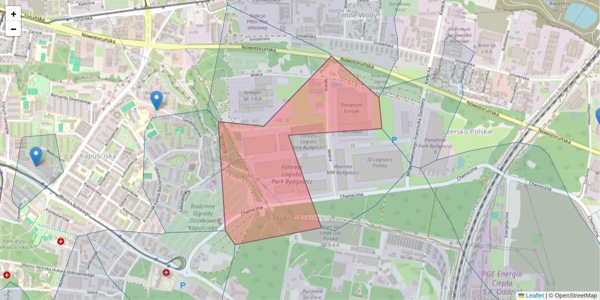 Szczegółowa mapa kodu pocztowego 85-834 z granicami, sąsiednimi kodami pocztowymi i urzędami pocztowymi