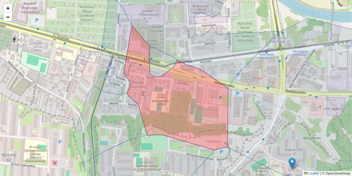 Szczegółowa mapa kodu pocztowego 85-835 z granicami, sąsiednimi kodami pocztowymi i urzędami pocztowymi