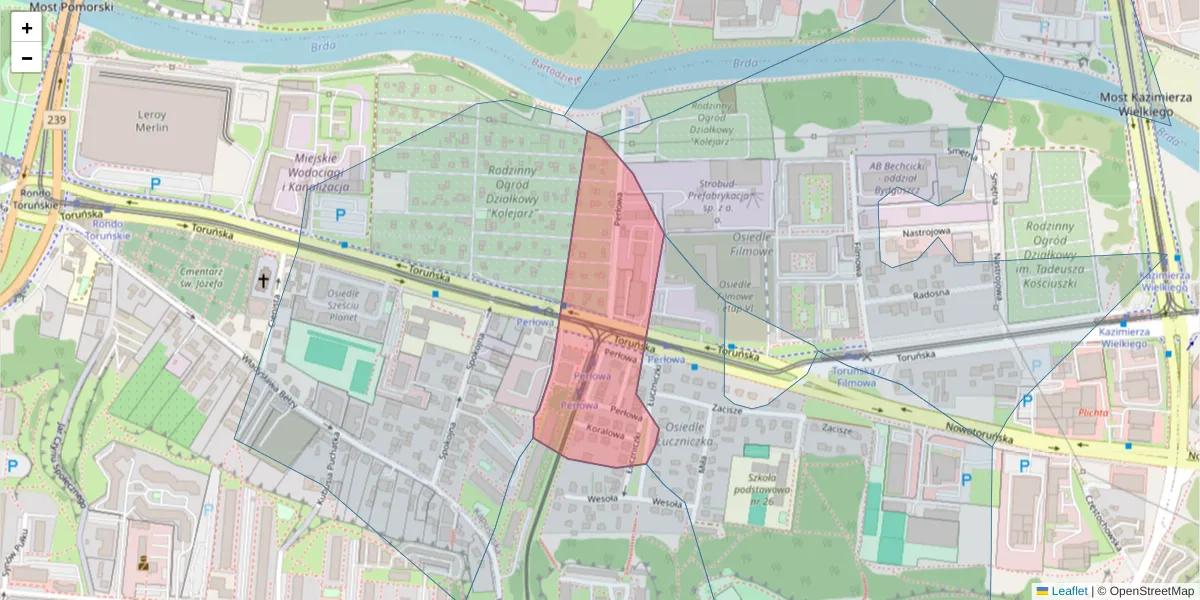 Szczegółowa mapa kodu pocztowego 85-837 z granicami, sąsiednimi kodami pocztowymi i urzędami pocztowymi