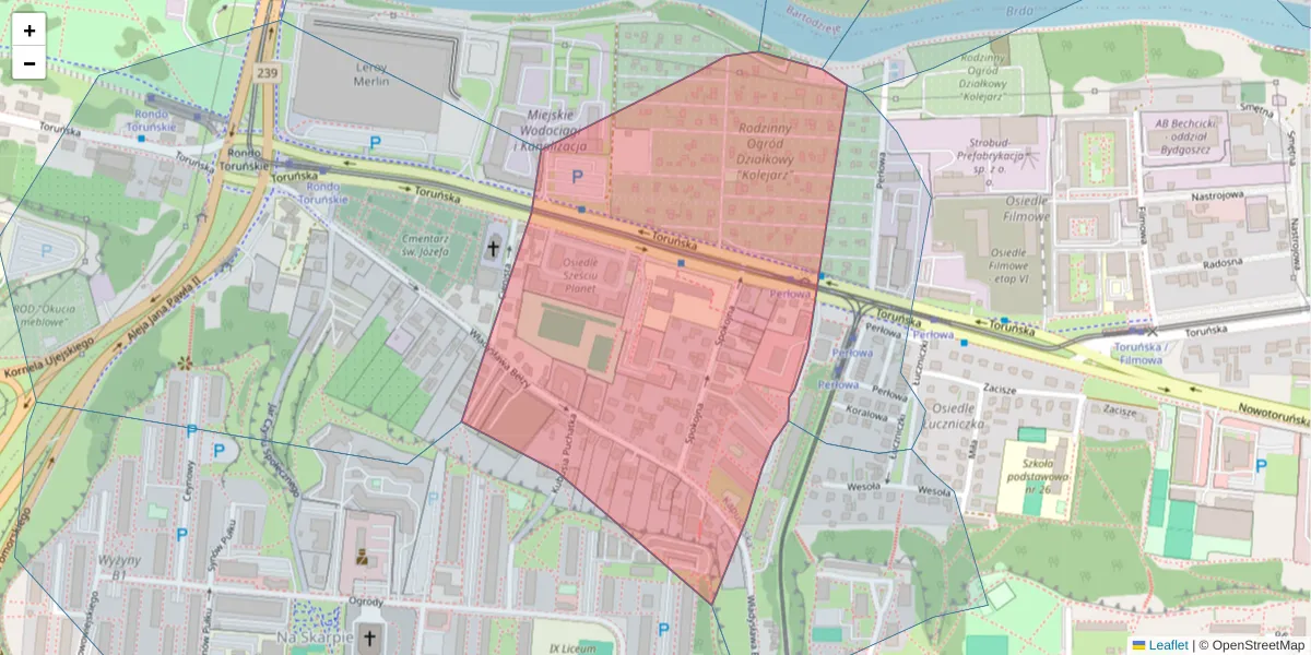 Szczegółowa mapa kodu pocztowego 85-838 z granicami, sąsiednimi kodami pocztowymi i urzędami pocztowymi