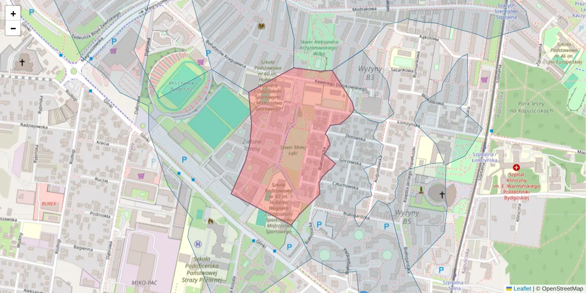 Szczegółowa mapa kodu pocztowego 85-860 z granicami, sąsiednimi kodami pocztowymi i urzędami pocztowymi