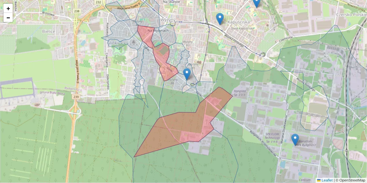 Szczegółowa mapa kodu pocztowego 85-861 z granicami, sąsiednimi kodami pocztowymi i urzędami pocztowymi