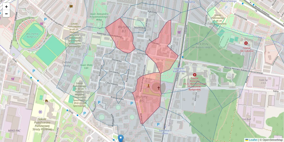Szczegółowa mapa kodu pocztowego 85-863 z granicami, sąsiednimi kodami pocztowymi i urzędami pocztowymi