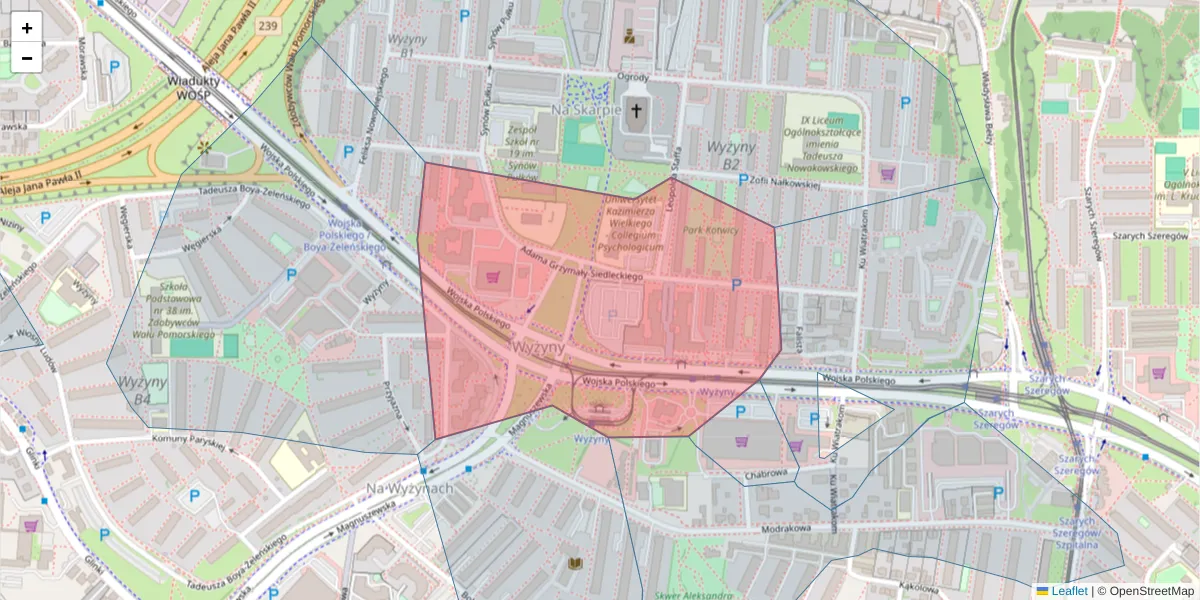 Szczegółowa mapa kodu pocztowego 85-868 z granicami, sąsiednimi kodami pocztowymi i urzędami pocztowymi