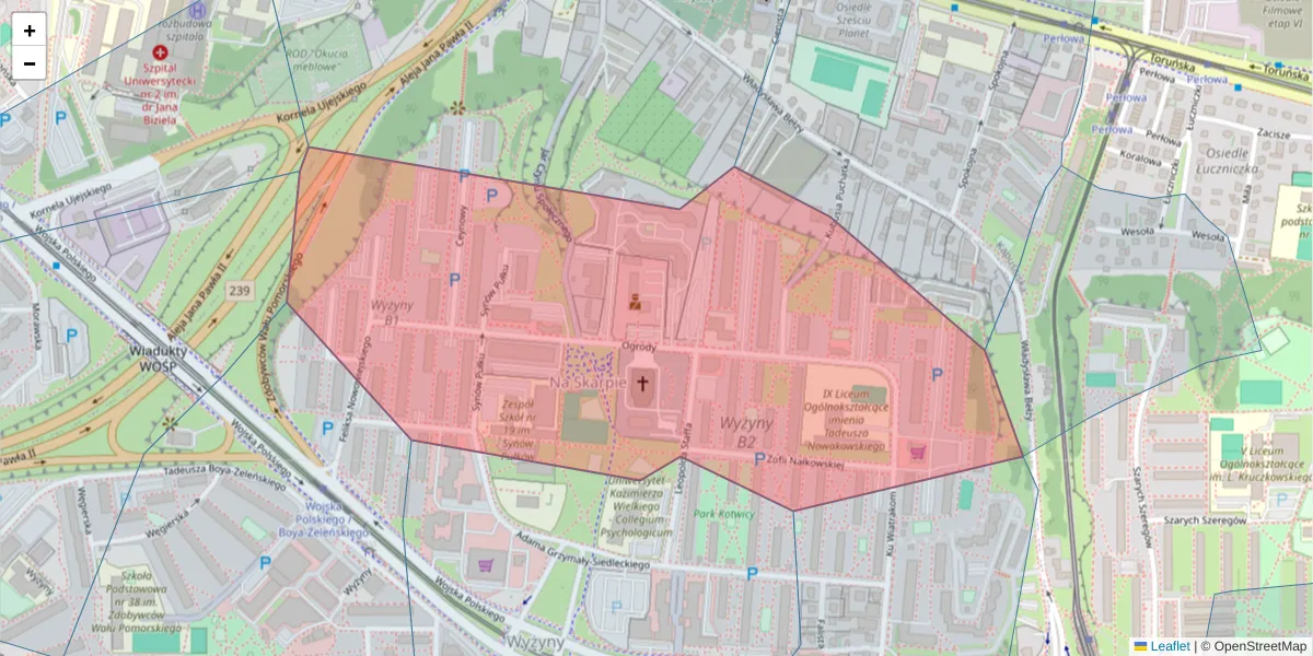 Szczegółowa mapa kodu pocztowego 85-870 z granicami, sąsiednimi kodami pocztowymi i urzędami pocztowymi