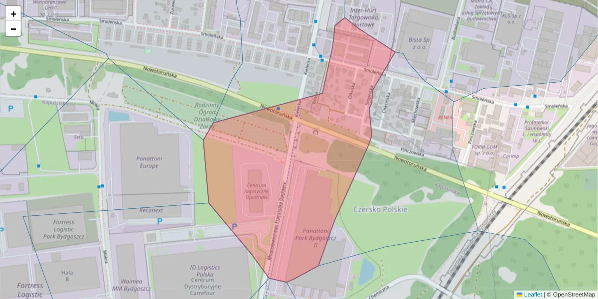 Szczegółowa mapa kodu pocztowego 85-876 z granicami, sąsiednimi kodami pocztowymi i urzędami pocztowymi