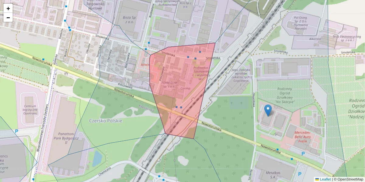 Szczegółowa mapa kodu pocztowego 85-877 z granicami, sąsiednimi kodami pocztowymi i urzędami pocztowymi
