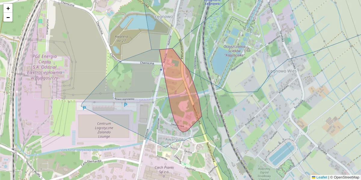 Szczegółowa mapa kodu pocztowego 85-884 z granicami, sąsiednimi kodami pocztowymi i urzędami pocztowymi