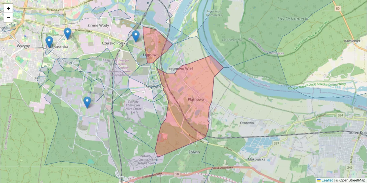 Szczegółowa mapa kodu pocztowego 85-892 z granicami, sąsiednimi kodami pocztowymi i urzędami pocztowymi