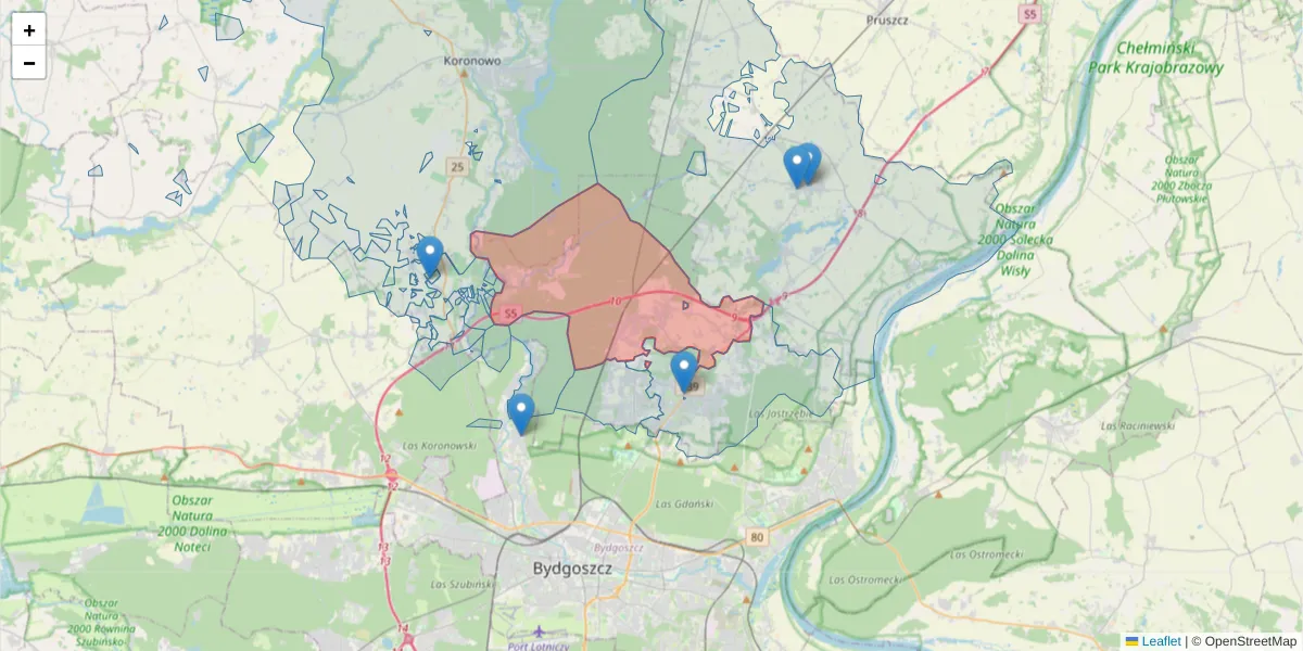 Szczegółowa mapa kodu pocztowego 86-021 z granicami, sąsiednimi kodami pocztowymi i urzędami pocztowymi