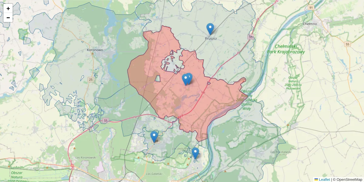 Szczegółowa mapa kodu pocztowego 86-022 z granicami, sąsiednimi kodami pocztowymi i urzędami pocztowymi
