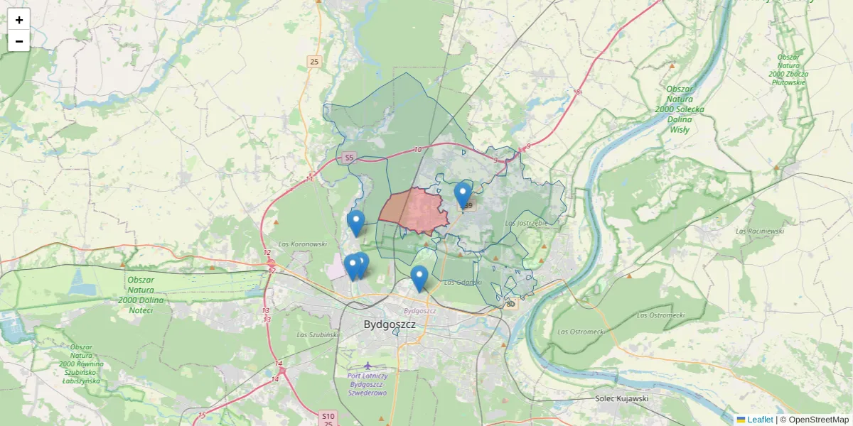 Szczegółowa mapa kodu pocztowego 86-032 z granicami, sąsiednimi kodami pocztowymi i urzędami pocztowymi