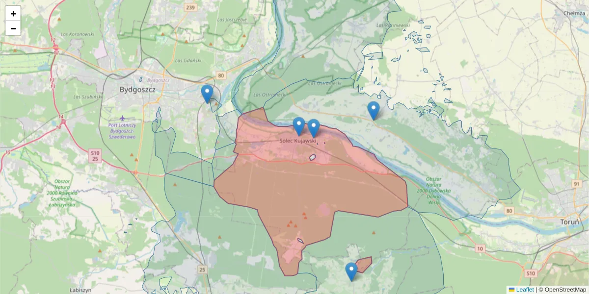 Szczegółowa mapa kodu pocztowego 86-050 z granicami, sąsiednimi kodami pocztowymi i urzędami pocztowymi